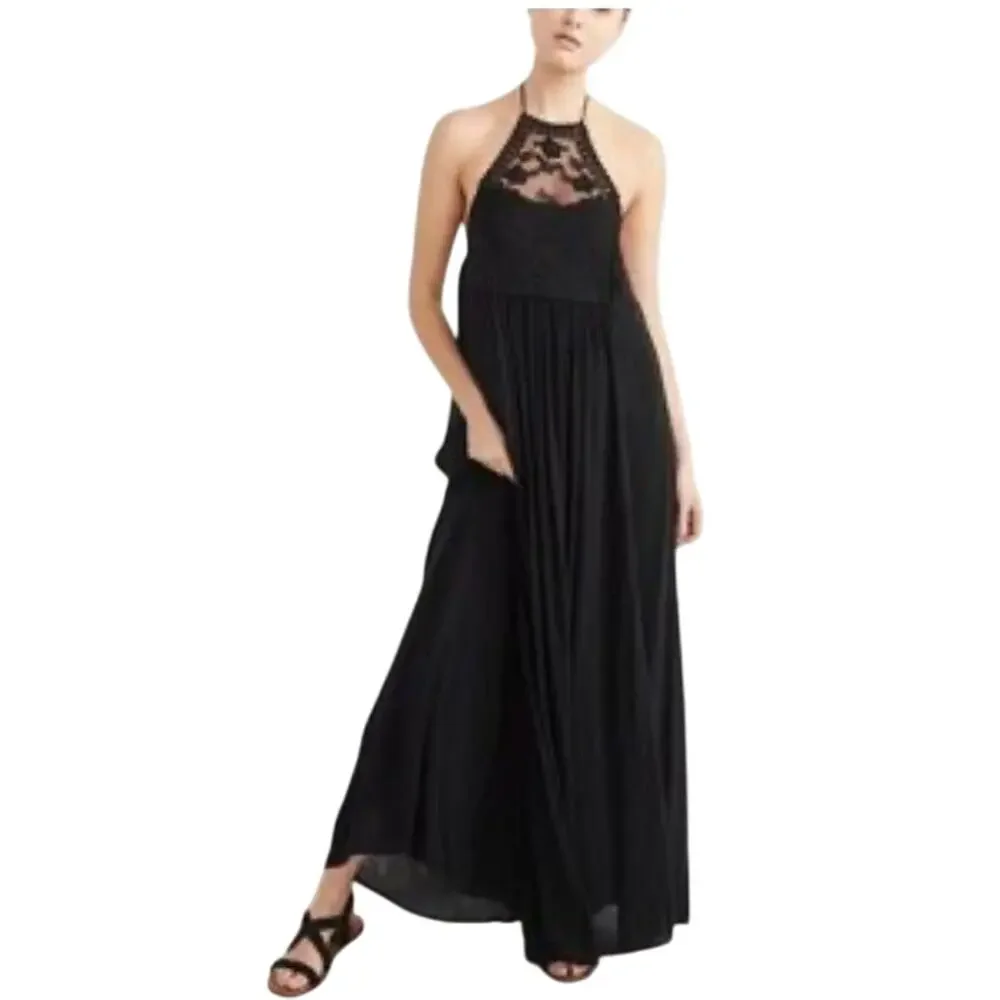 ABERCROMBIE FITCH Y2K Halter Lace Maxi Dress Black‎ XS Oversized Fairy Boho Goth